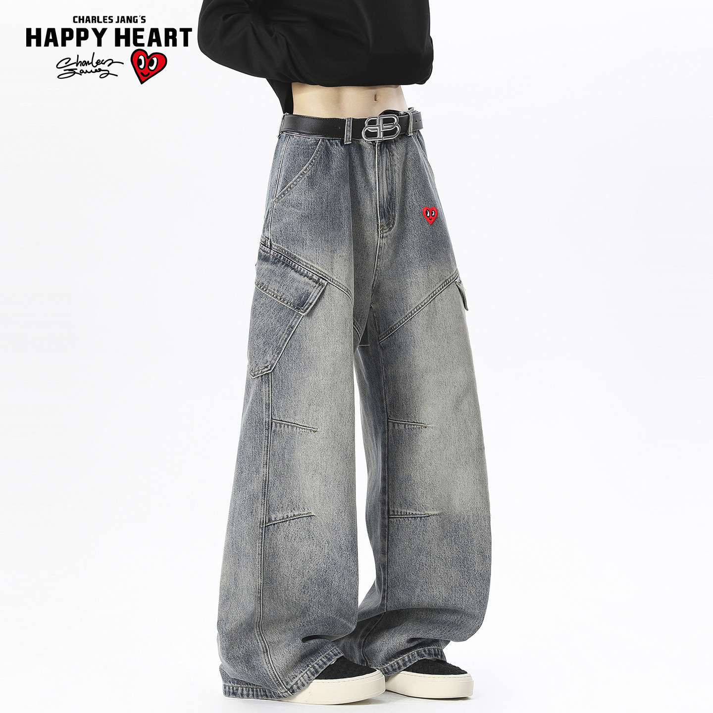 查尔斯桃心美式解构多口袋工装牛仔裤男春秋季复古宽松阔腿长裤子,男装,牛仔裤,淘宝优惠券,粉丝福利购,淘宝优惠卷