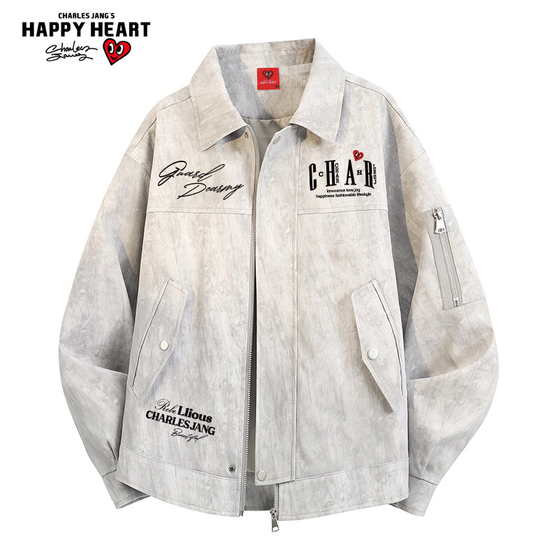 查尔斯桃心 美式高街扎染翻领夹克男女字母印花宽松休闲情侣外套