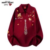 查尔斯桃心本命红色涂鸦领带衬衫 领卫衣春秋男女2026宽松休闲上衣