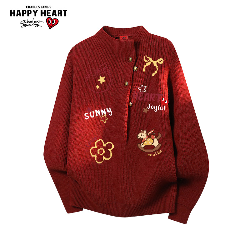 查尔斯桃心马年2026新款半高领毛衣男女冬季慵懒情侣针织衫线衣潮