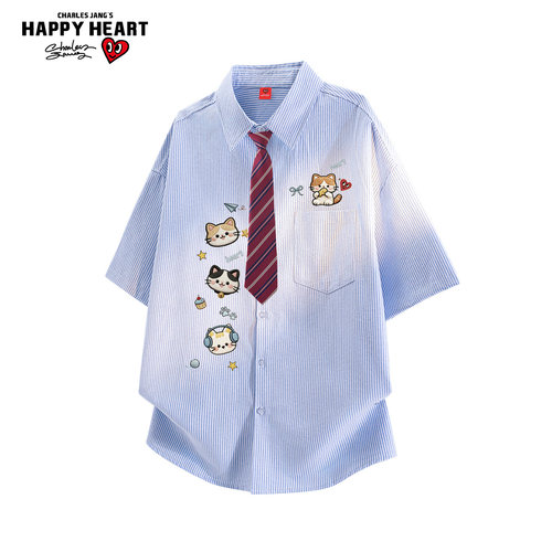 查尔斯桃心卡通猫咪印花短袖衬衫男女款夏季学院风条纹情侣衬衣服