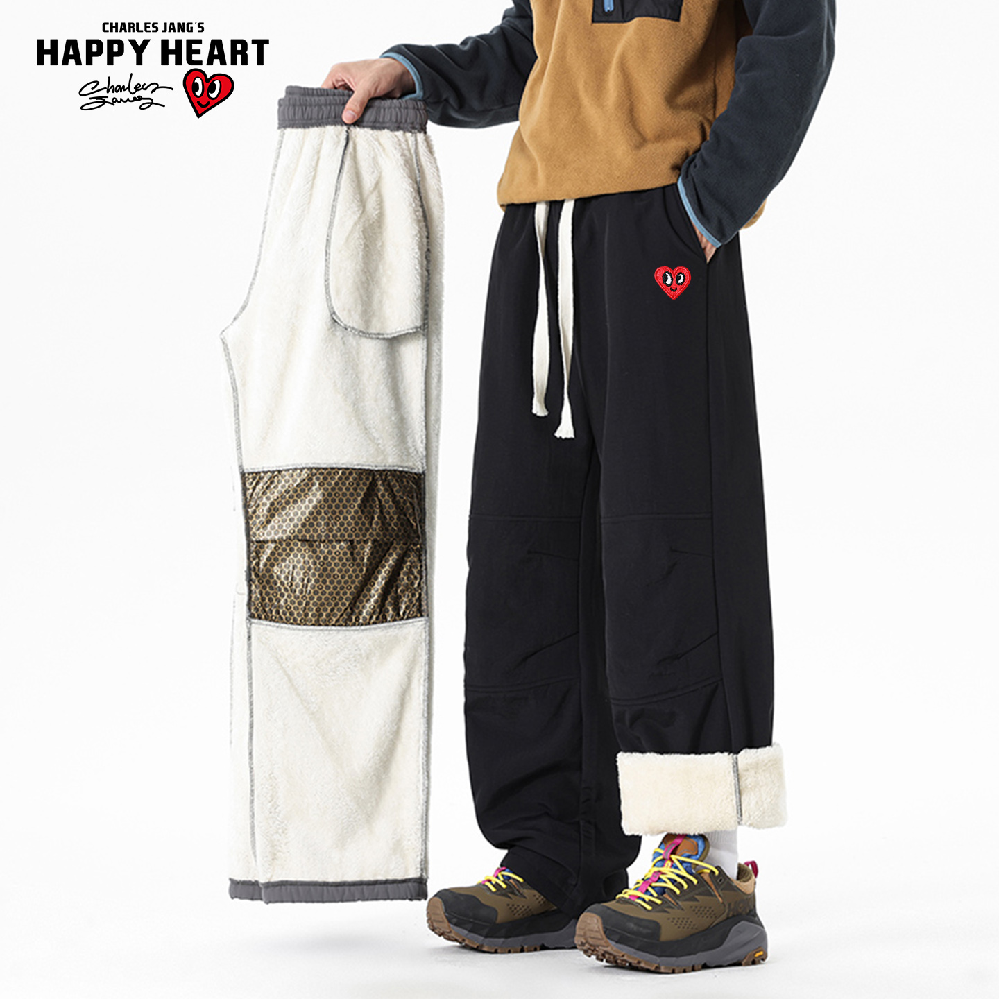 查尔斯桃心加绒加厚直筒长裤子