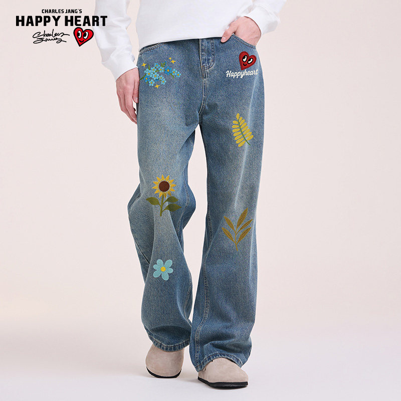 查尔斯桃心美式仿刺绣花朵牛仔裤男女春秋季宽松直筒阔腿水洗长裤