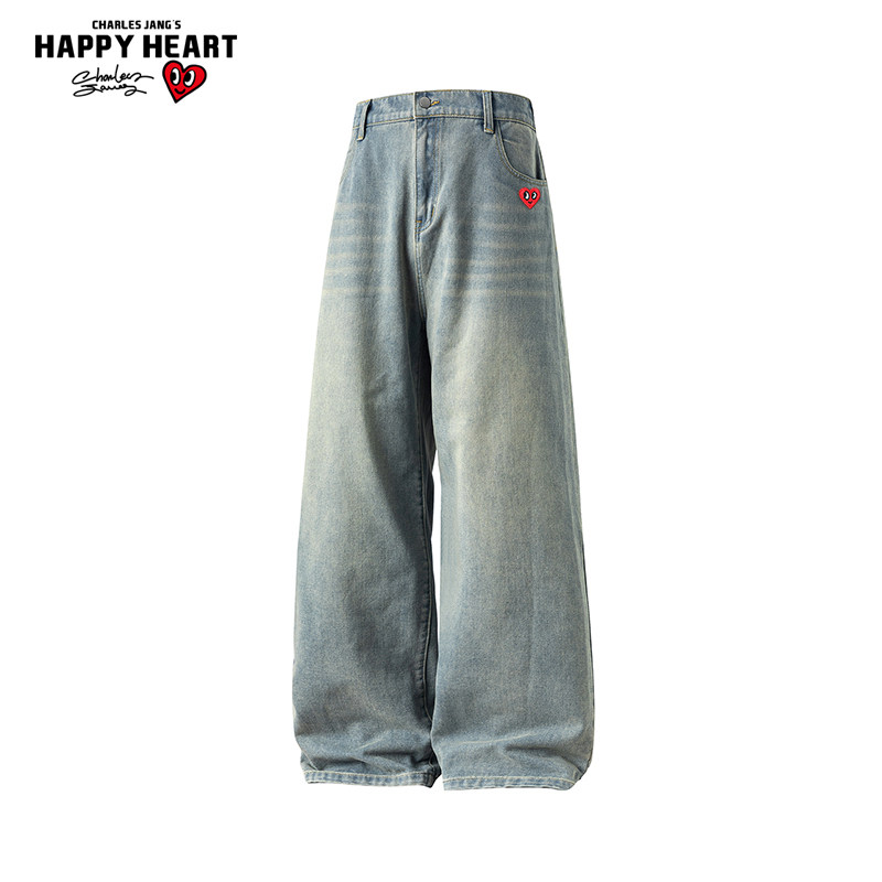 查尔斯桃心美式复古磨白牛仔裤男新款春秋季百搭直筒潮牌休闲长裤