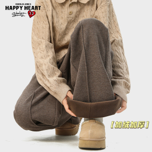 子 阔腿直筒长裤 查尔斯桃心复古老钱风加绒加厚弯刀休闲裤 男女冬季