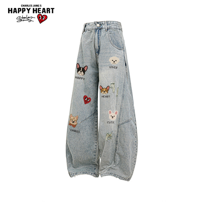 查尔斯桃心美式小狗弯刀牛仔裤