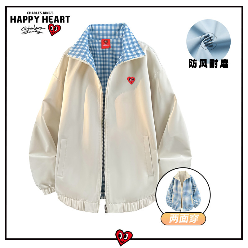 查尔斯桃心格子双面穿立领夹克外套男春秋季宽松百搭休闲情侣上衣