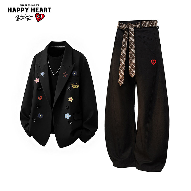 查尔斯桃心休闲套装男女春秋季2026新款西装外套百搭直筒弯刀裤子