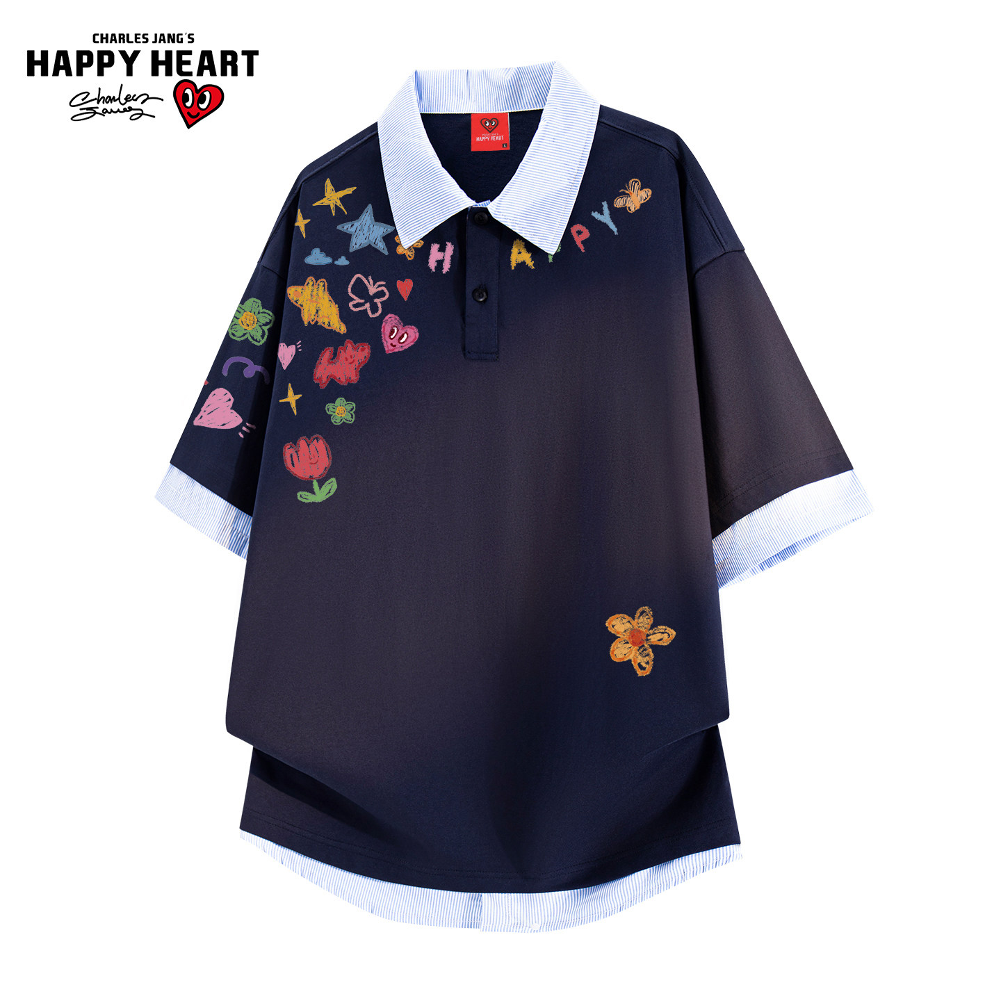 查尔斯桃心假两件涂鸦印花短袖POLO衫男女款夏季纯棉情侣t恤上衣