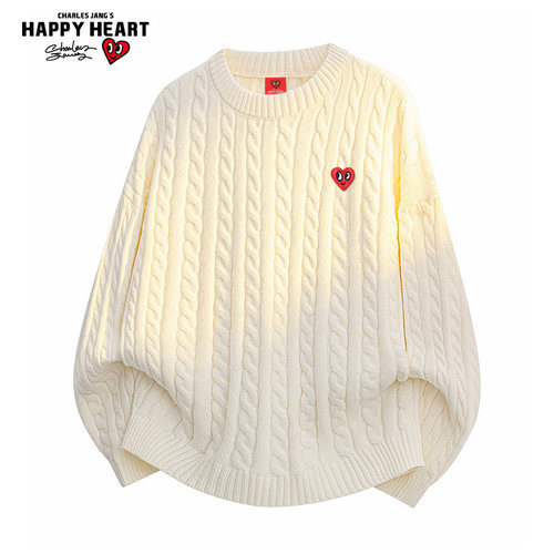 查尔斯桃心加绒麻花纹毛衣男圆领