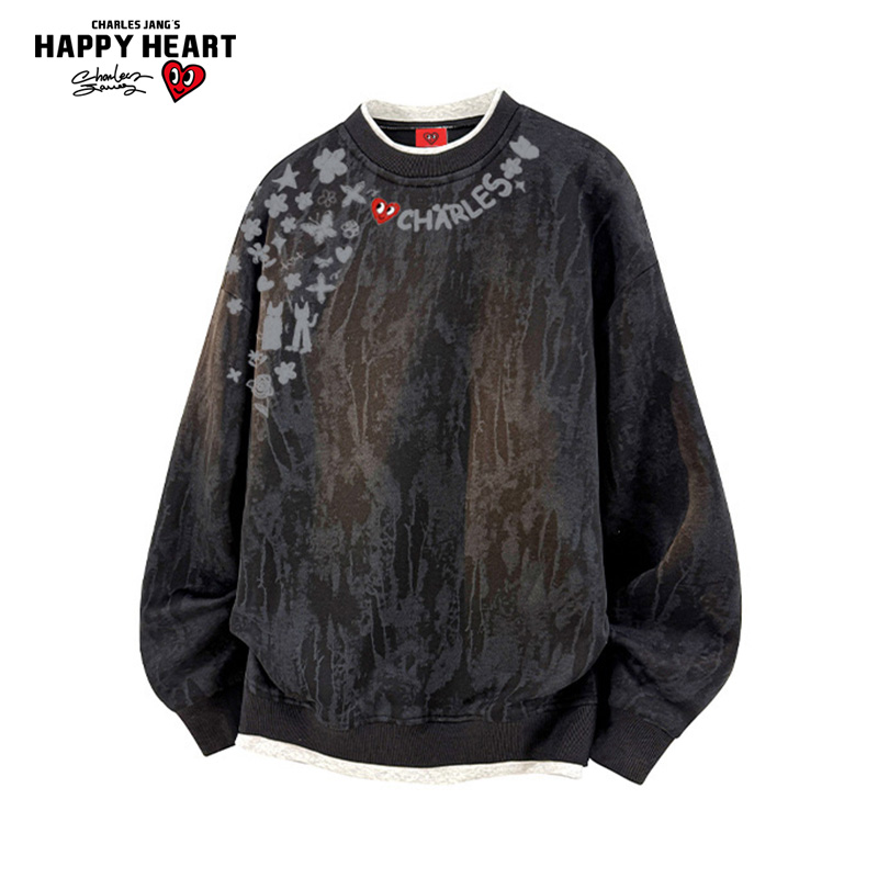 查尔斯桃心扎染假两件卫衣男圆领