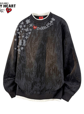 查尔斯桃心美式项链涂鸦印花假两件卫衣男圆领秋冬季扎染新款上衣