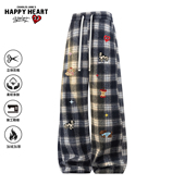 查尔斯桃心复古格纹裤 小狗印花加厚加绒直筒休闲长裤 子男冬季 新款