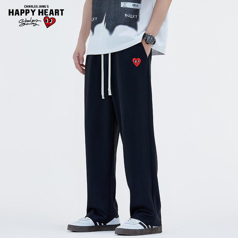查尔斯桃心 黑色裤子男2026新款春秋季爱心刺绣宽松直筒休闲长裤