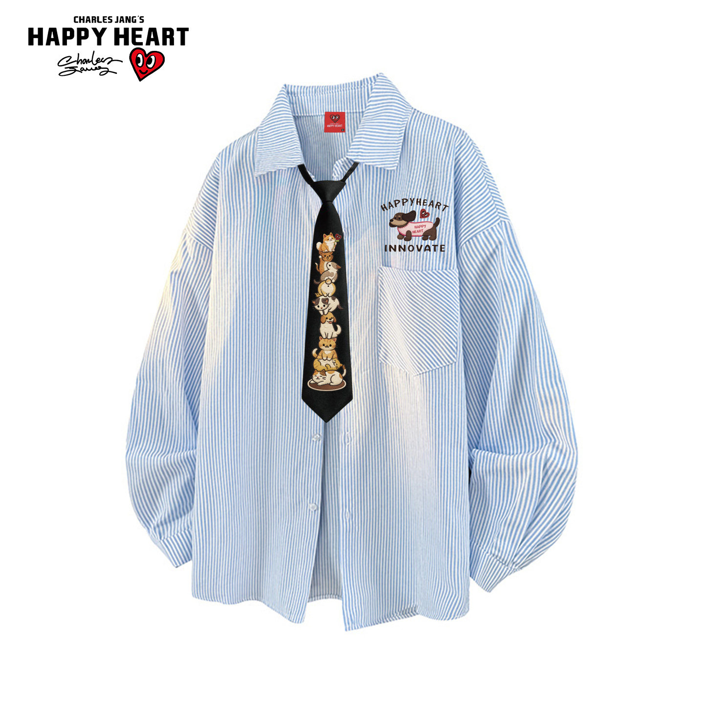 查尔斯桃心日系条纹长袖衬衫男女春夏季宽松休闲卡通猫咪领带衬衣