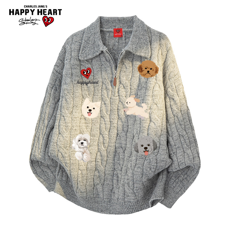 查尔斯桃心小狗印花针织毛衣男