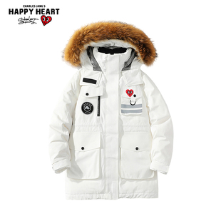 查尔斯桃心中长款羽绒服男女冬季保暖休闲加厚保暖毛领连帽外套潮