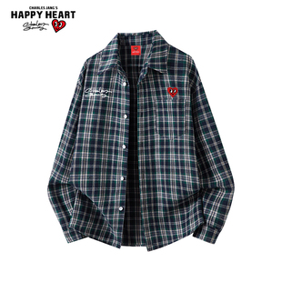 查尔斯桃心美式长袖复古格子衬衫男女春秋季休闲宽松百搭衬衣外套