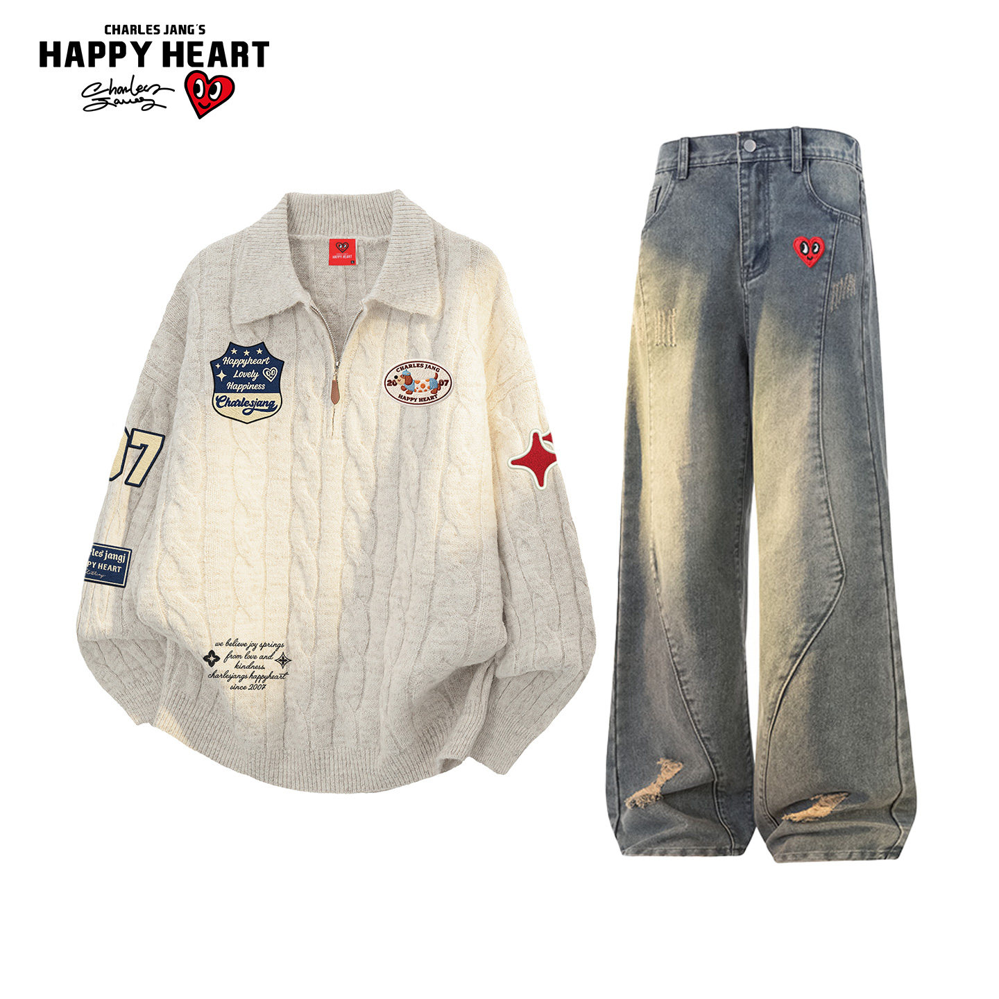 查尔斯桃心美式半拉链翻领毛衣套装男冬季设计感条纹复古牛仔长裤,男装,休闲运动套装,淘宝优惠券,粉丝福利购,淘宝优惠卷