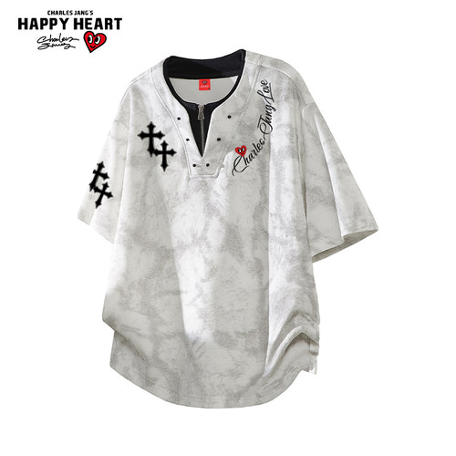 查尔斯桃心美式高街假两件短袖T恤男女夏季