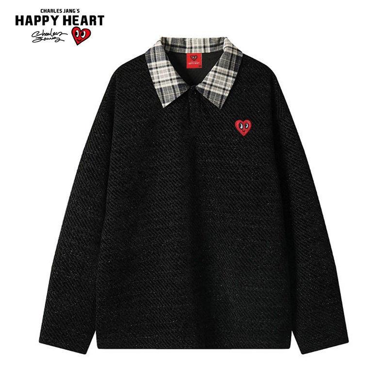 查尔斯桃心 小香风格子拼接POLO领卫衣男春秋季新款潮牌长袖上衣