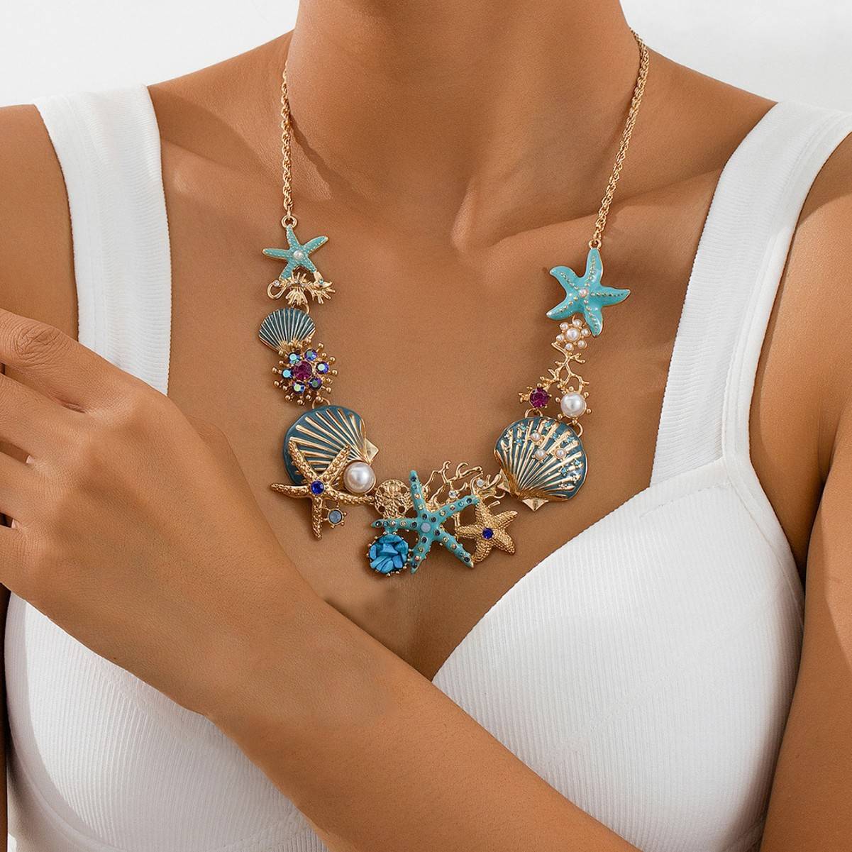 跨境爆款欧美沙滩风项链海边贝壳海星珊瑚珍珠锁骨链小众设计女