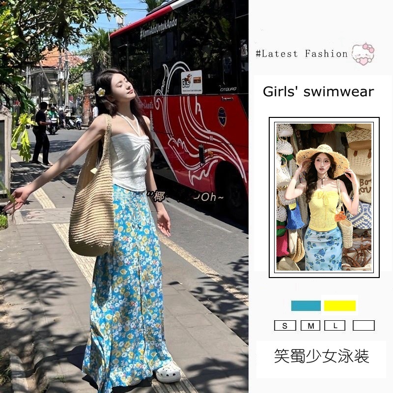 海边度假风抽绳抹胸泳衣女夏季蓝色碎花半身裙长裙两件套游泳衣