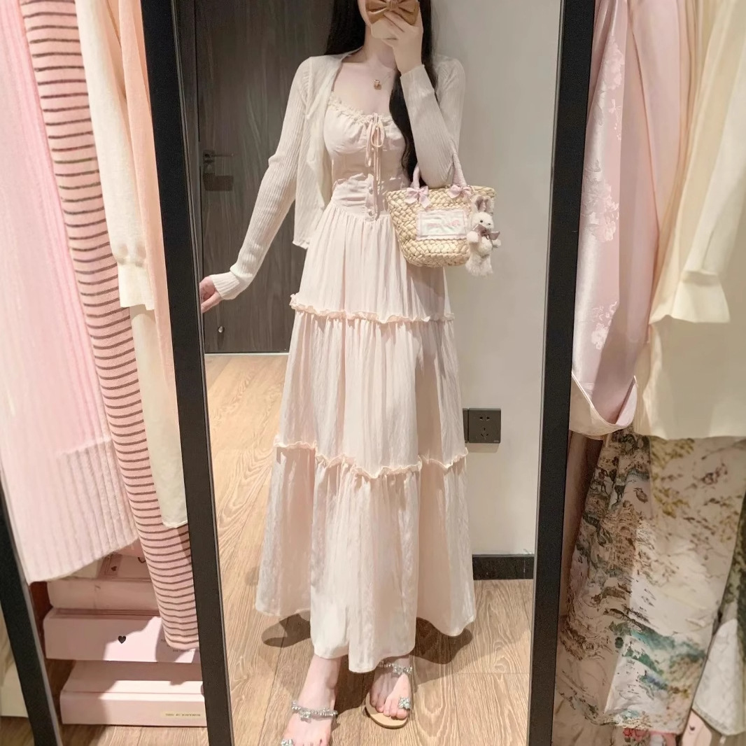 法式性感粉色蕾丝吊带连衣裙女