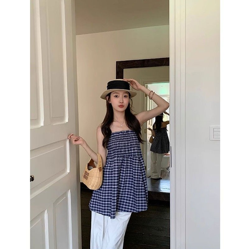 小众设计感蓝色格子半身裙女夏海边度假甜美无袖学院风抹胸A字裙