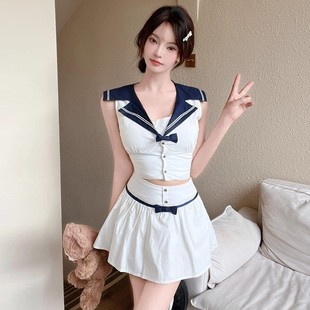 上衣 純欲百搭a字半身裙 收腰顯瘦襯衫 學院風jk制服海軍領無袖