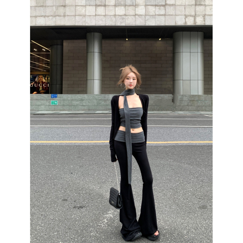 韩版复古ins夏季新款辣妹时髦套装条纹设计感抹胸开衫长裤套装女