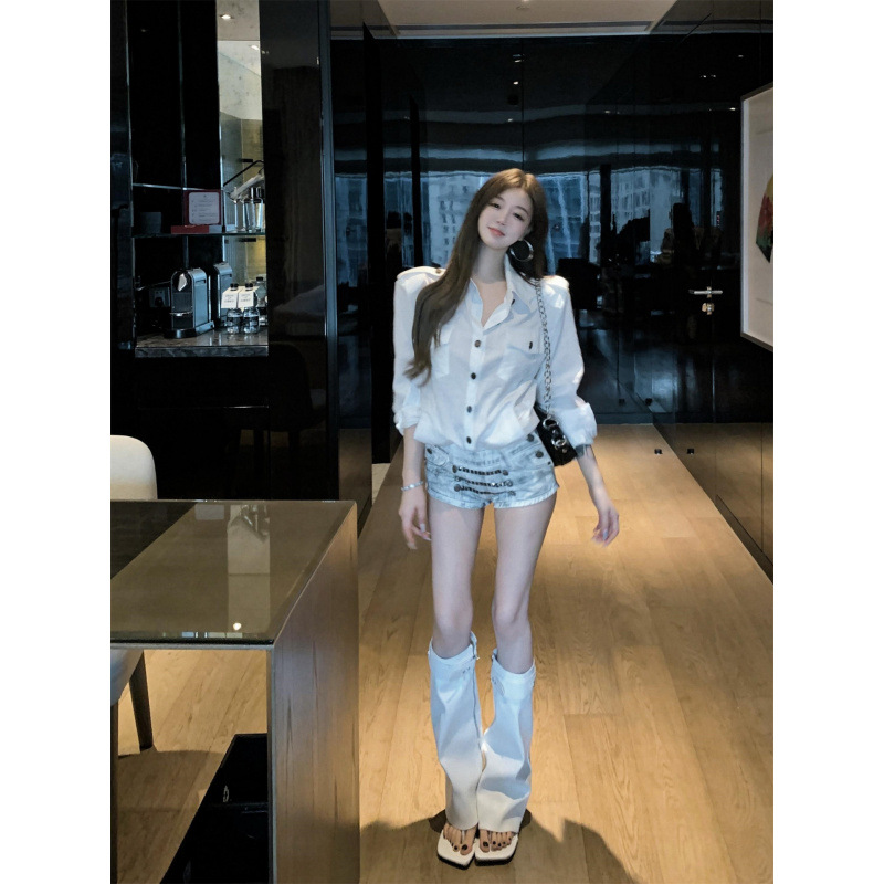 辣妹白襯衫正肩帶墊肩多口袋金屬