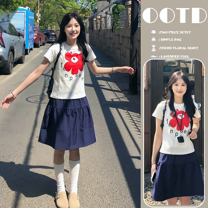 孕妇纯棉夏季红花可爱白色日常休闲宽松女款圆领通勤T恤套装
