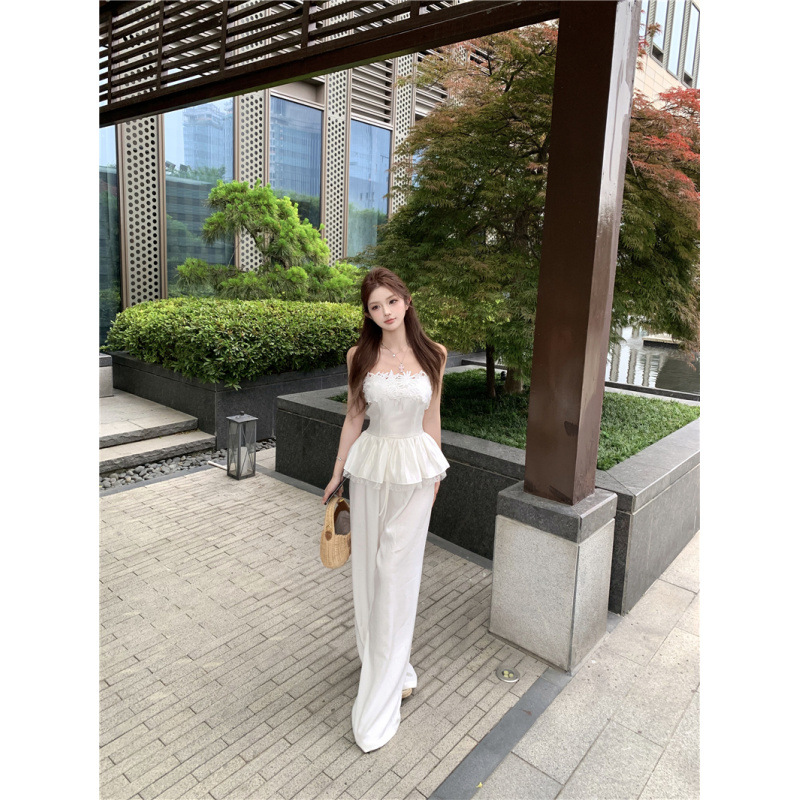 法式气质韩系辣妹茉莉花抹胸上衣棉麻裤套装女时尚甜美纯欲两件套