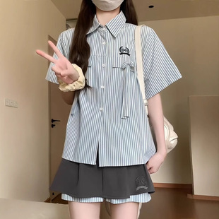 條紋襯衫 拼接短裙女 甜美小個子顯瘦jk制服學院風套裝 韓系時尚