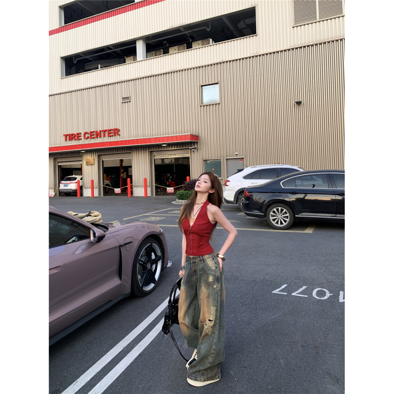 纯欲性感辣妹绑带领挂脖吊带背心+复古阔腿牛仔长裤套装女