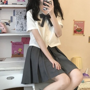 百搭外穿學院風短款 辣妹jk制服短袖 襯衫 女日系夏季 上衣百褶裙套裝