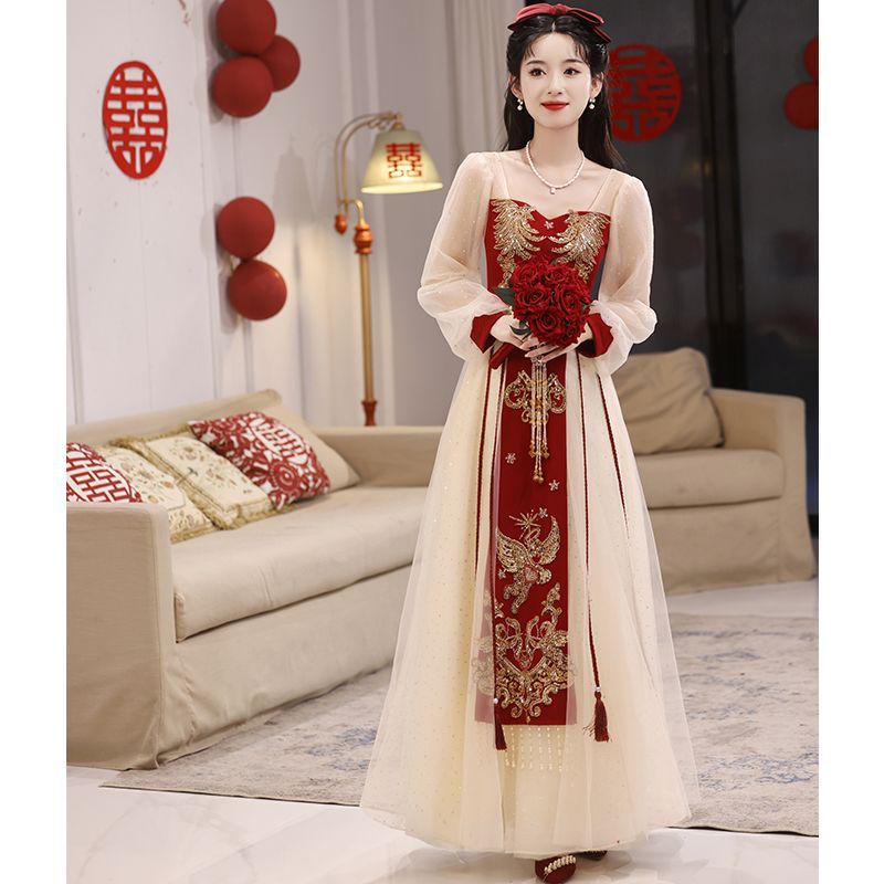 敬酒服新娘中国风订婚礼服连衣裙女高级感香槟色回门服网纱晚礼服