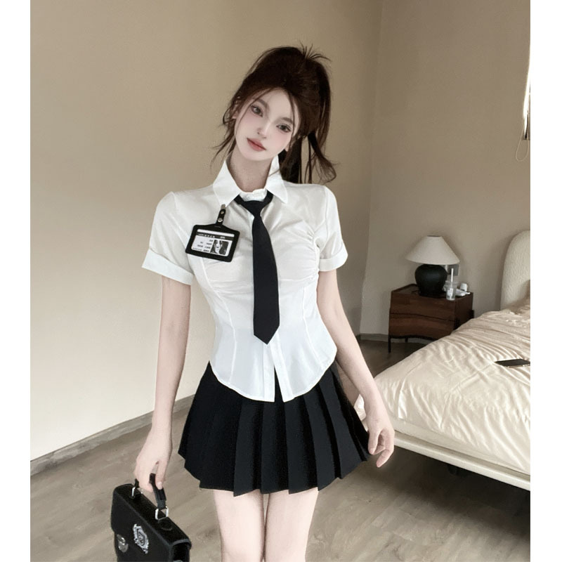 足浴工作服女夏技师收腰白色衬衫