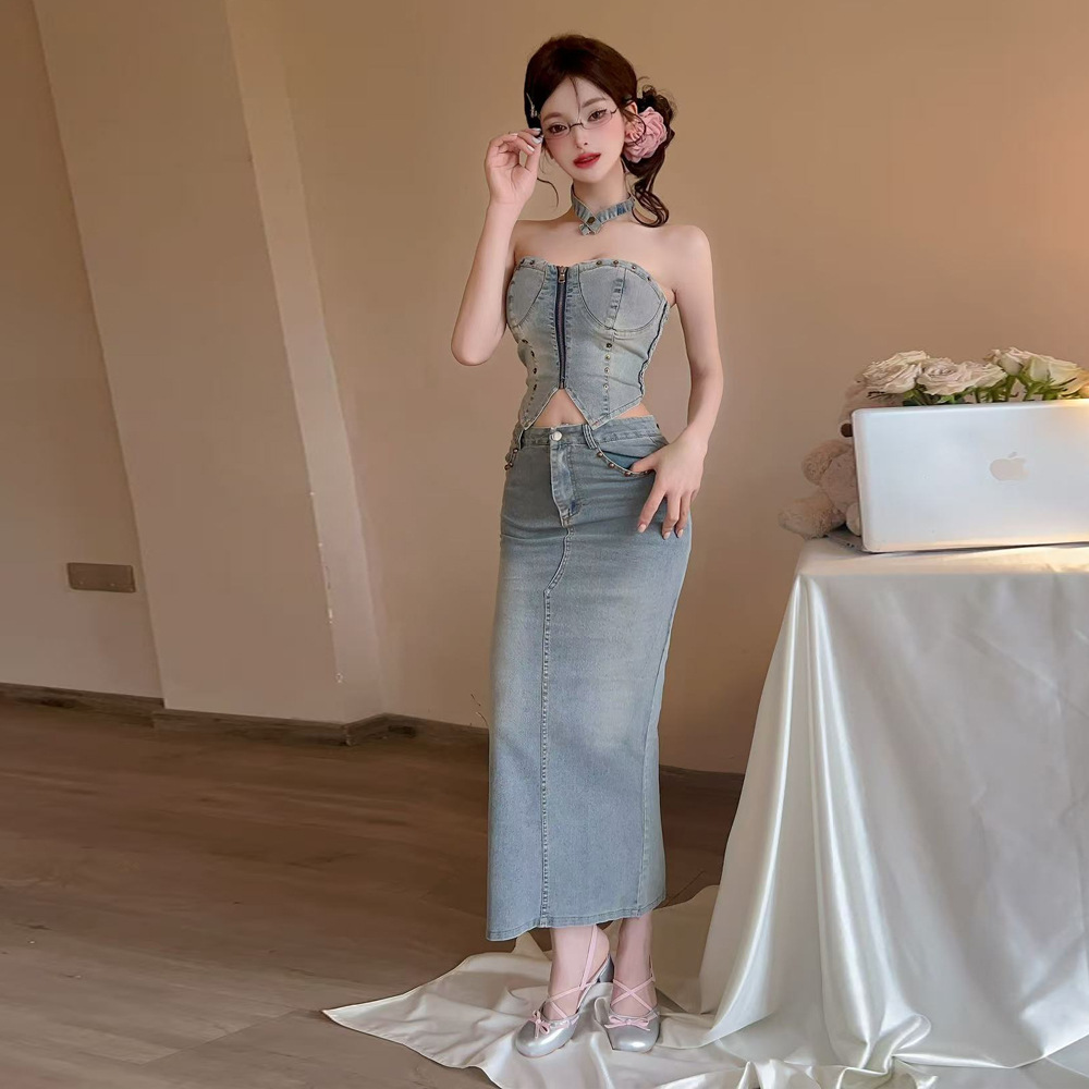 辣妹风牛仔抹胸背心高腰半裙套装女时尚休闲夏季新款修身两件套