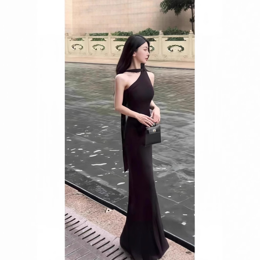 辣妹黑色高级袖紧身夏季长裙新款包臀修身连衣裙礼服裙高端轻奢