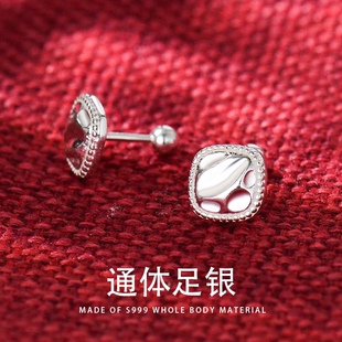 S999纯银流金岁月耳钉女轻奢几何正方形耳环防过敏不掉色足银耳饰