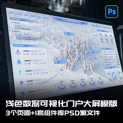 浅色智慧城市门户数据可视化大屏PS分层可编辑UI模板全套素材文件