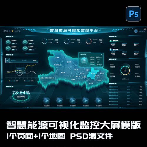 智慧能源态势监控可视化大屏PS分层可编辑全套UI设计工程模板素材