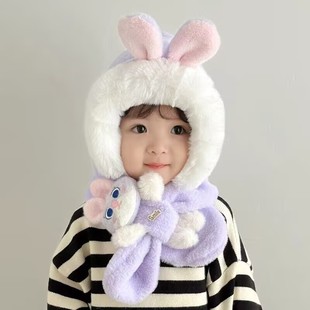 儿童帽子围巾一体秋冬加厚保暖毛绒帽可爱兔子宝宝出游防风护耳帽