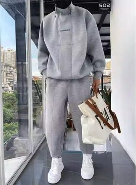 秋冬款半开双拉链连帽卫衣套装男