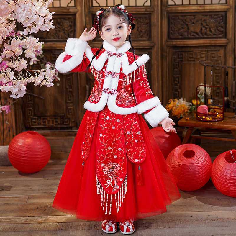 汉服女童冬款2025新款儿童新年衣服喜庆唐装秋冬女宝宝拜年服冬季