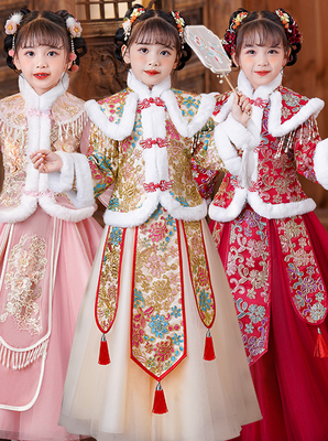 女童冬装过年加绒汉服2023新款儿童加厚拜年服女孩超仙唐装中国风