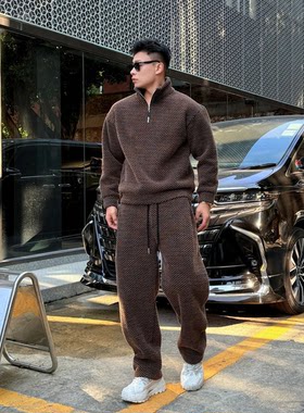 美式潮牌冬季新款抓毛休闲老钱风千鸟格纹保暖套装男款复古两件套