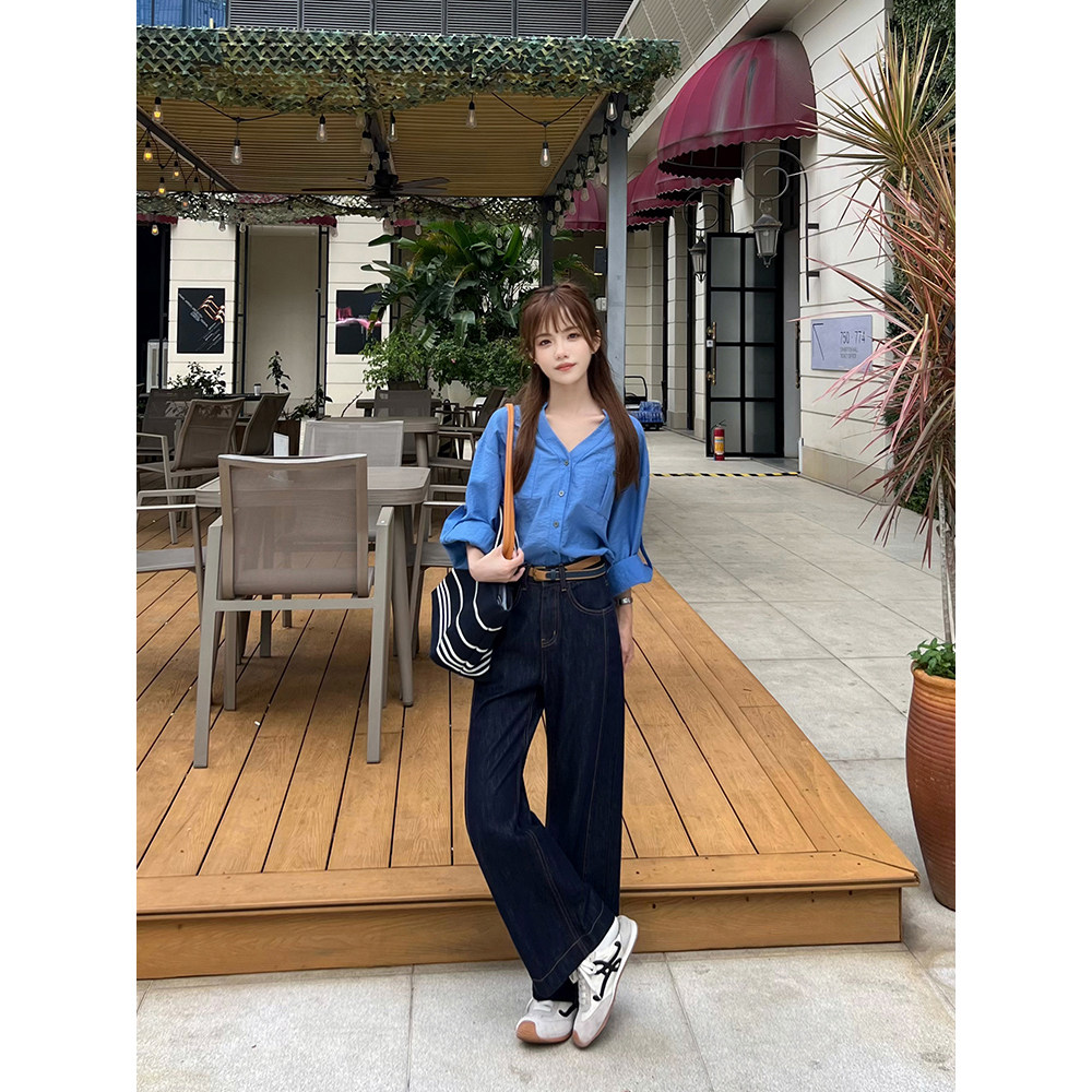 王家有鱼小个子丹宁色阔腿裤女款2025年新款时尚百搭直筒牛仔裤子